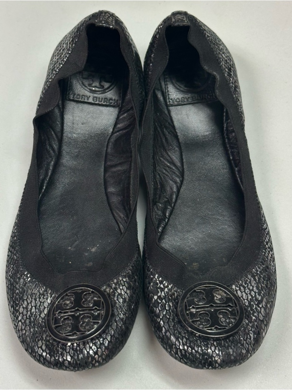 Tory Burch pewter Snake-Print Logo Ballet Flats